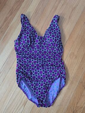 Land's End Swimsuit Slimming Purple Patterned One-Piece Swimsuit